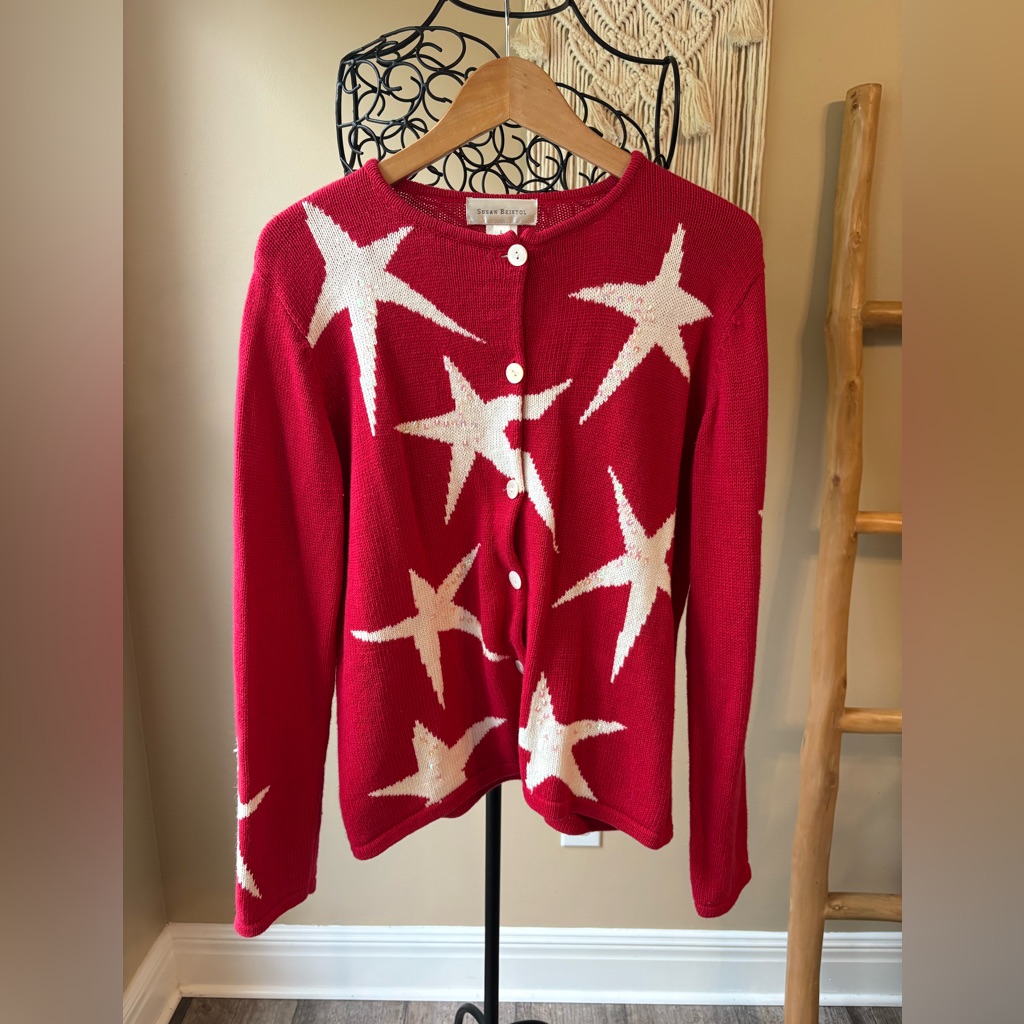 Vintage Whimsical Holiday Celestial Red Star Dust Cardigan Sweater